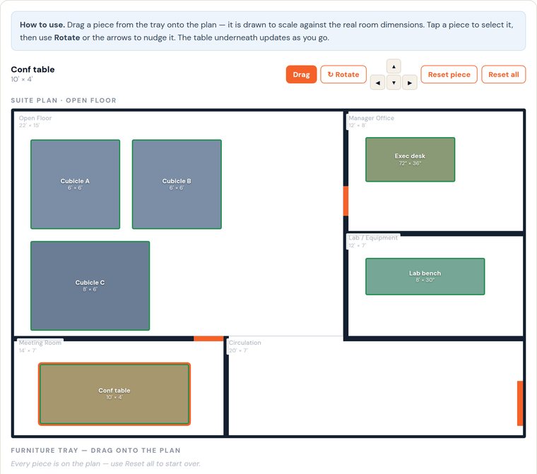 Screenshot of the Discount Movers office space planner: a to-scale suite plan with three cubicle workstations laid out on the open floor, an executive desk in the manager office, a lab bench in the lab and equipment room, and a ten-foot conference table in the meeting room, each outlined green for fits