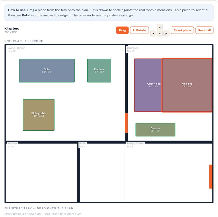 Screenshot of the Discount Movers furniture planner: a to-scale one-bedroom apartment floor plan with the sofa, recliner and dining table placed in the living and dining room and the dresser in the bedroom, all outlined green for fits, and a queen bed and a king bed both in the bedroom outlined red because they overlap each other
