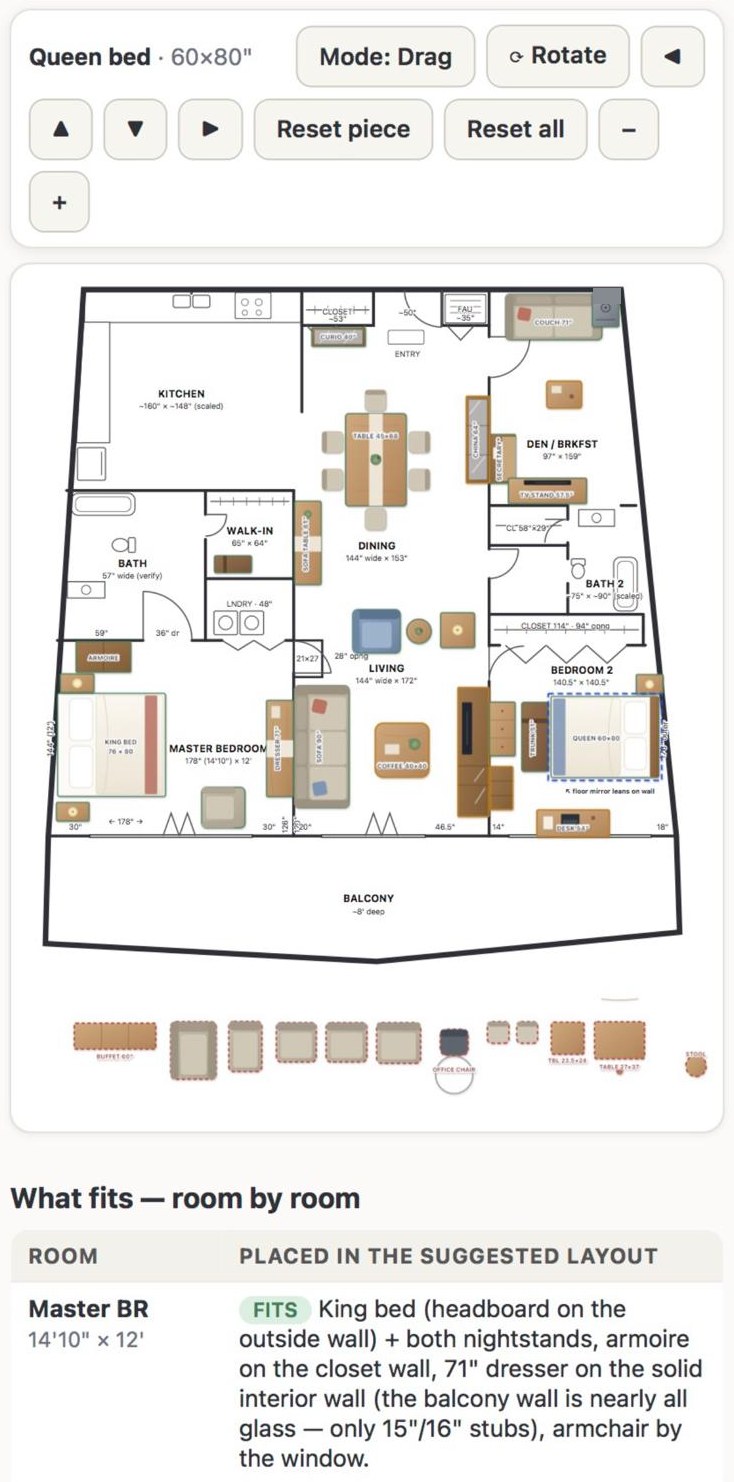 A real Discount Movers furniture fit plan for a two-bedroom apartment: a to-scale architectural floor plan showing kitchen, dining, living, den, two bathrooms, walk-in closet, laundry, balcony, master bedroom and second bedroom, with the king bed, nightstands, armoire, dresser, sofa, dining table, desk and other furniture drawn in place at measured sizes, wall and opening dimensions marked throughout, an extras tray of pieces that did not fit along the bottom, and the start of the room-by-room report beneath it